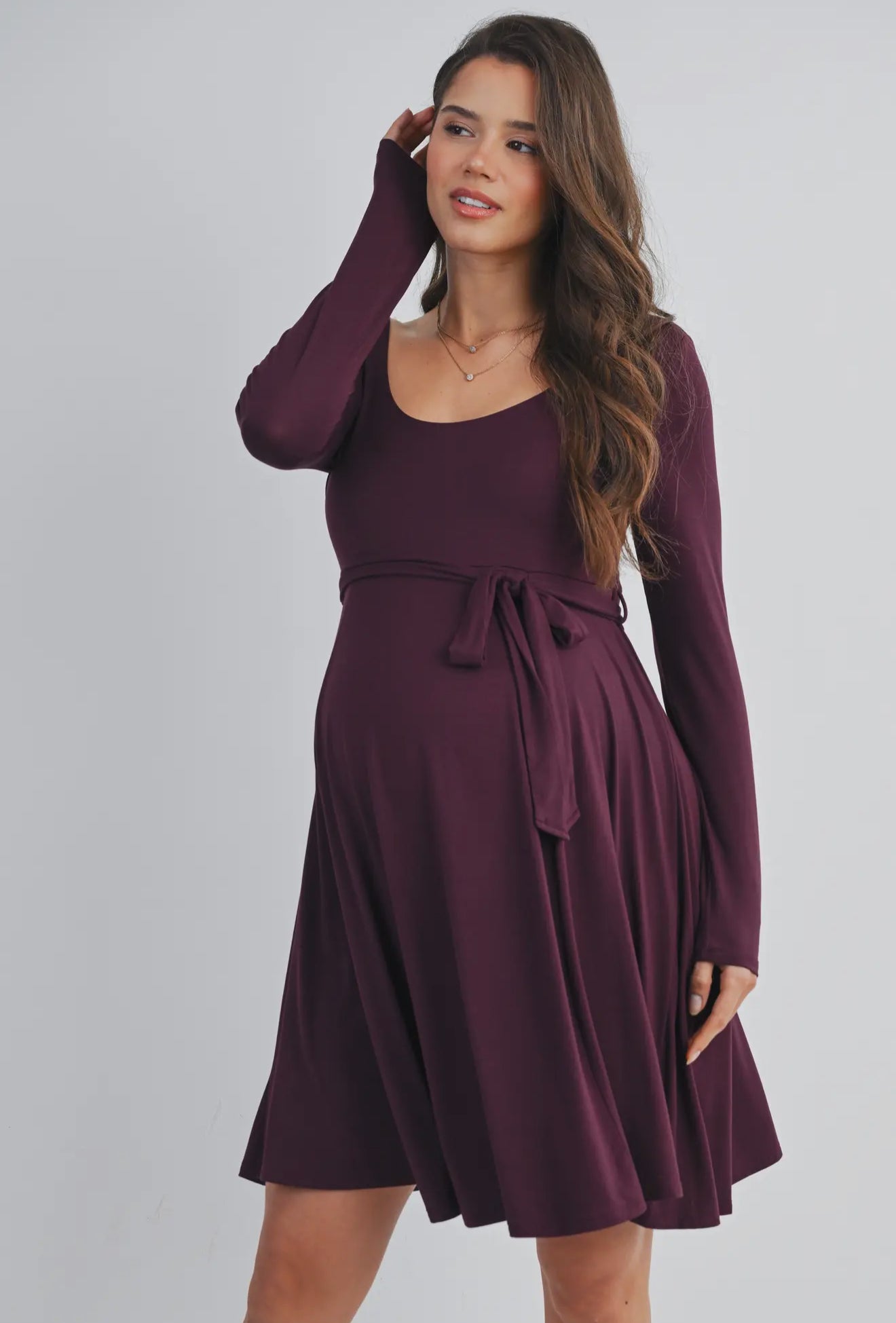 Hello Miz Scoop Neck LS Maternity Tie Waist Dress