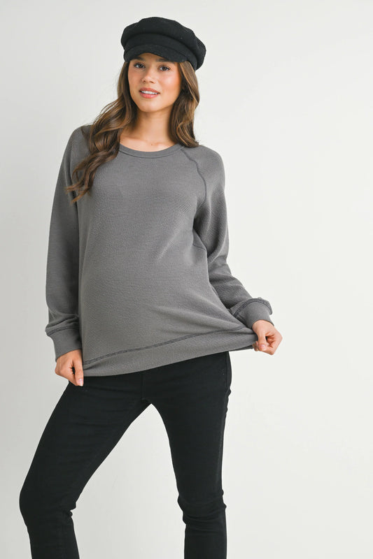 Hello Miz Crewneck Waffle Knit LS Maternity Top