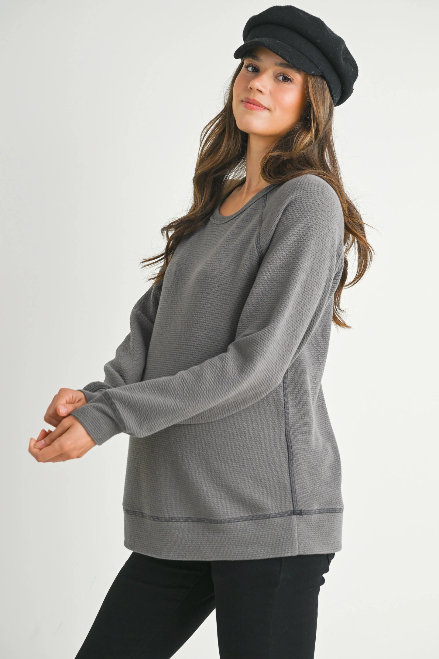 Hello Miz Crewneck Waffle Knit LS Maternity Top
