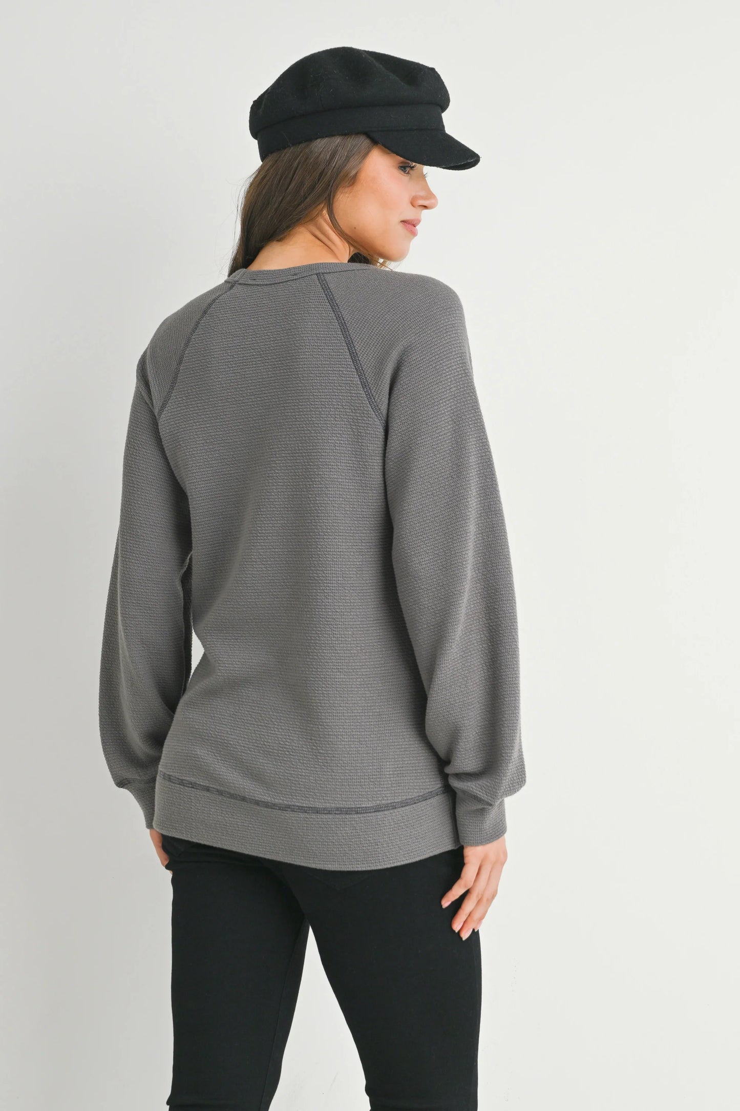 Hello Miz Crewneck Waffle Knit LS Maternity Top