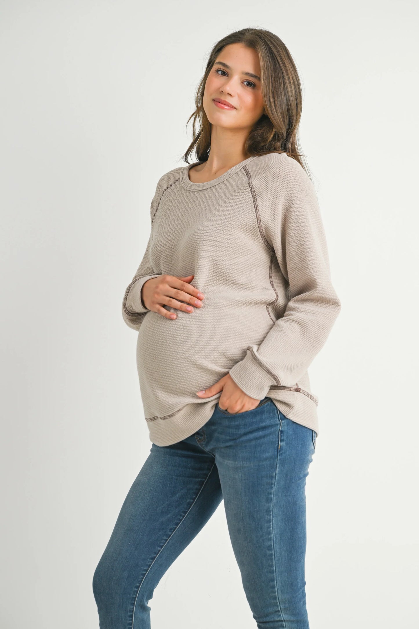 Hello Miz Crewneck Waffle Knit LS Maternity Top