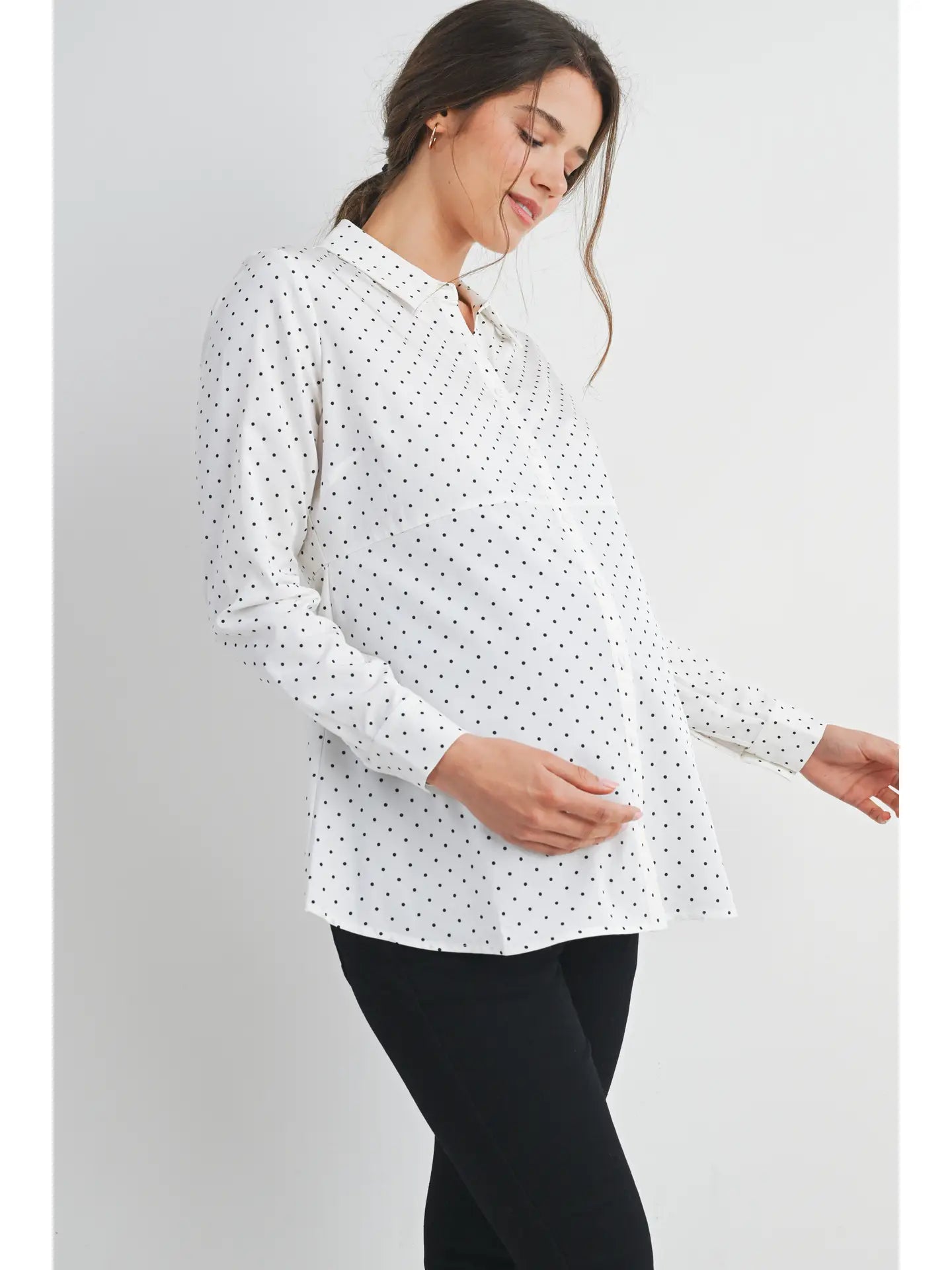 Hello Miz Polka Dot Button Down LS Maternity Top