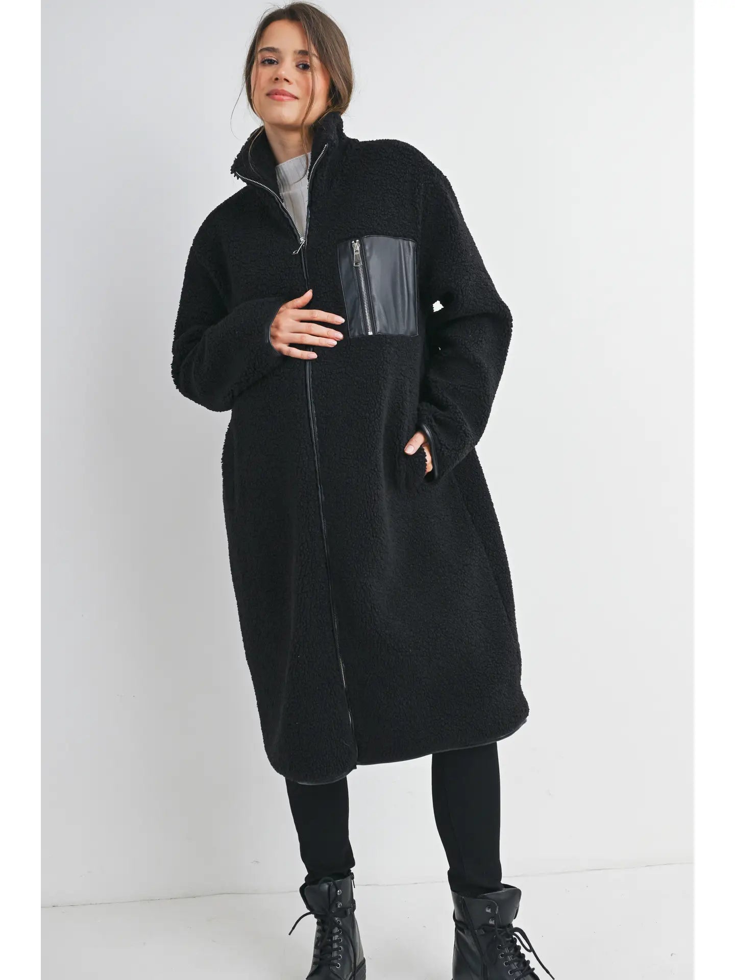 Hello Miz Teddy Fleece Zip-up Maternity Long Coat