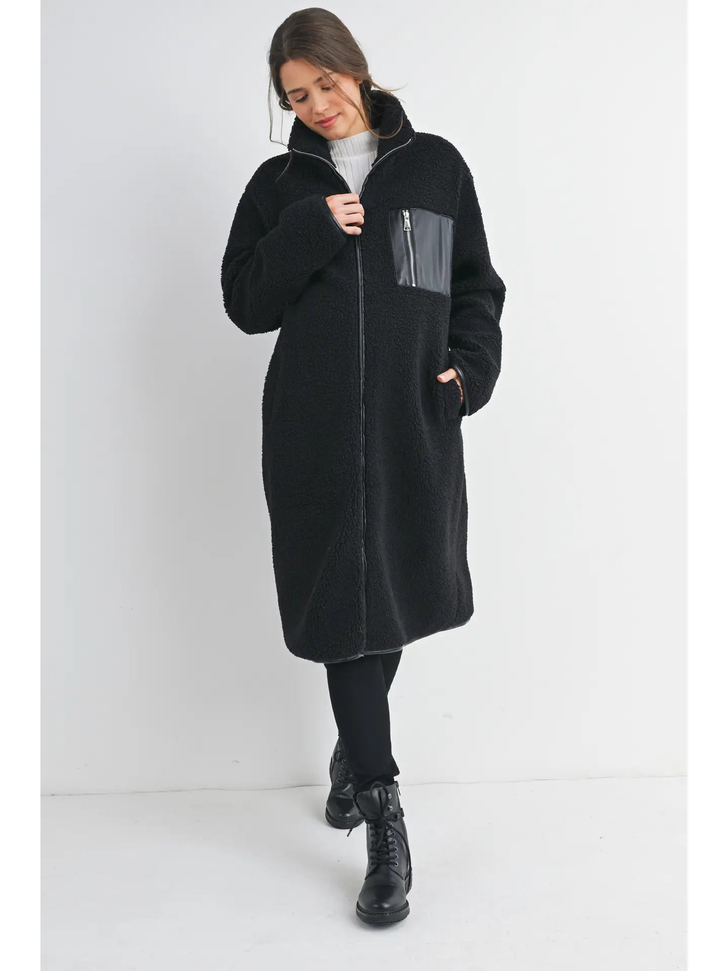 Hello Miz Teddy Fleece Zip-up Maternity Long Coat