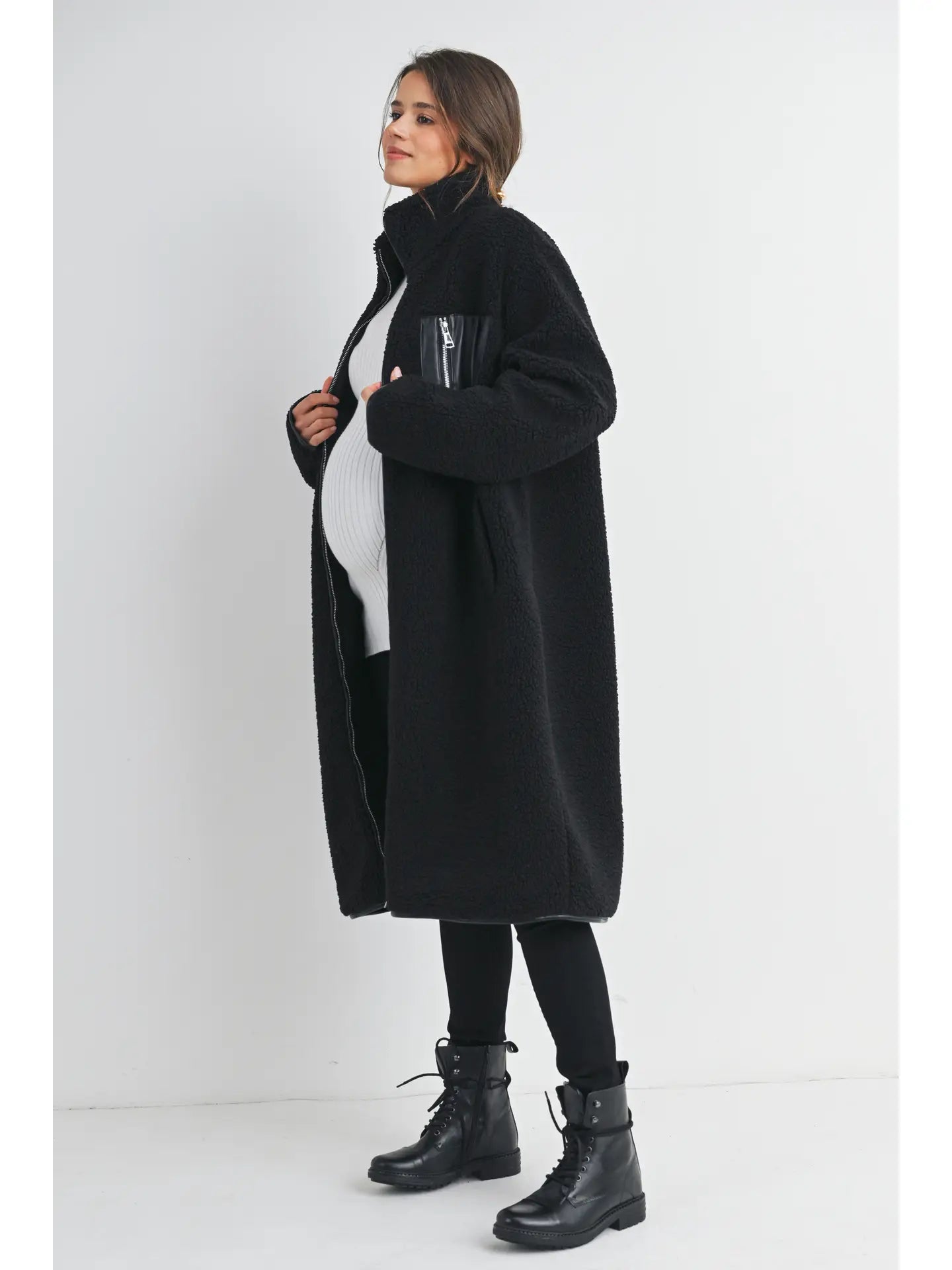 Hello Miz Teddy Fleece Zip-up Maternity Long Coat