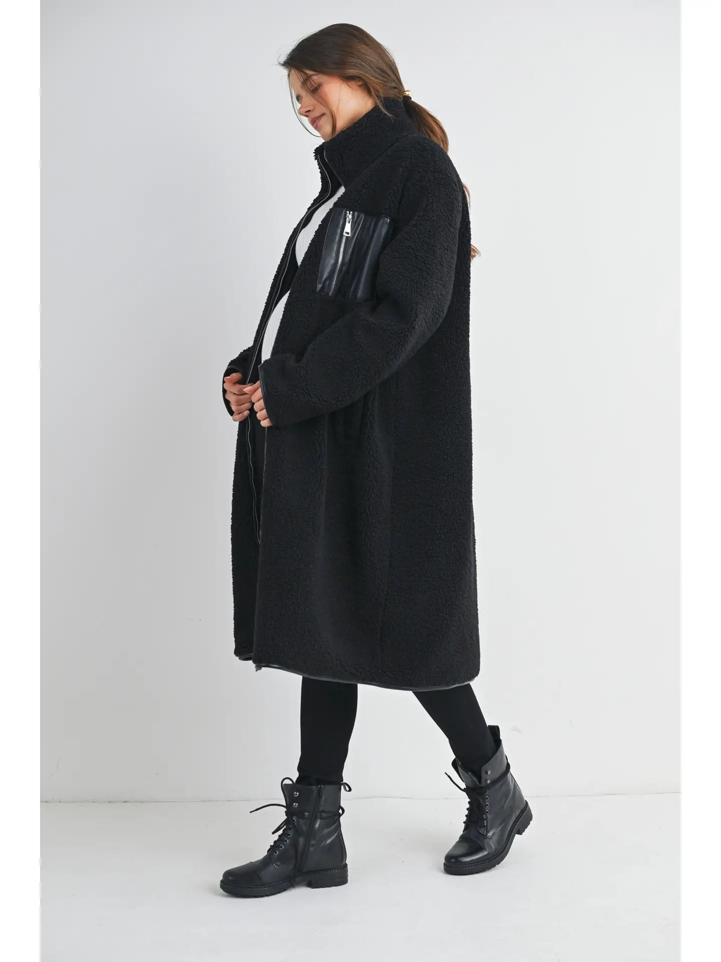 Hello Miz Teddy Fleece Zip-up Maternity Long Coat