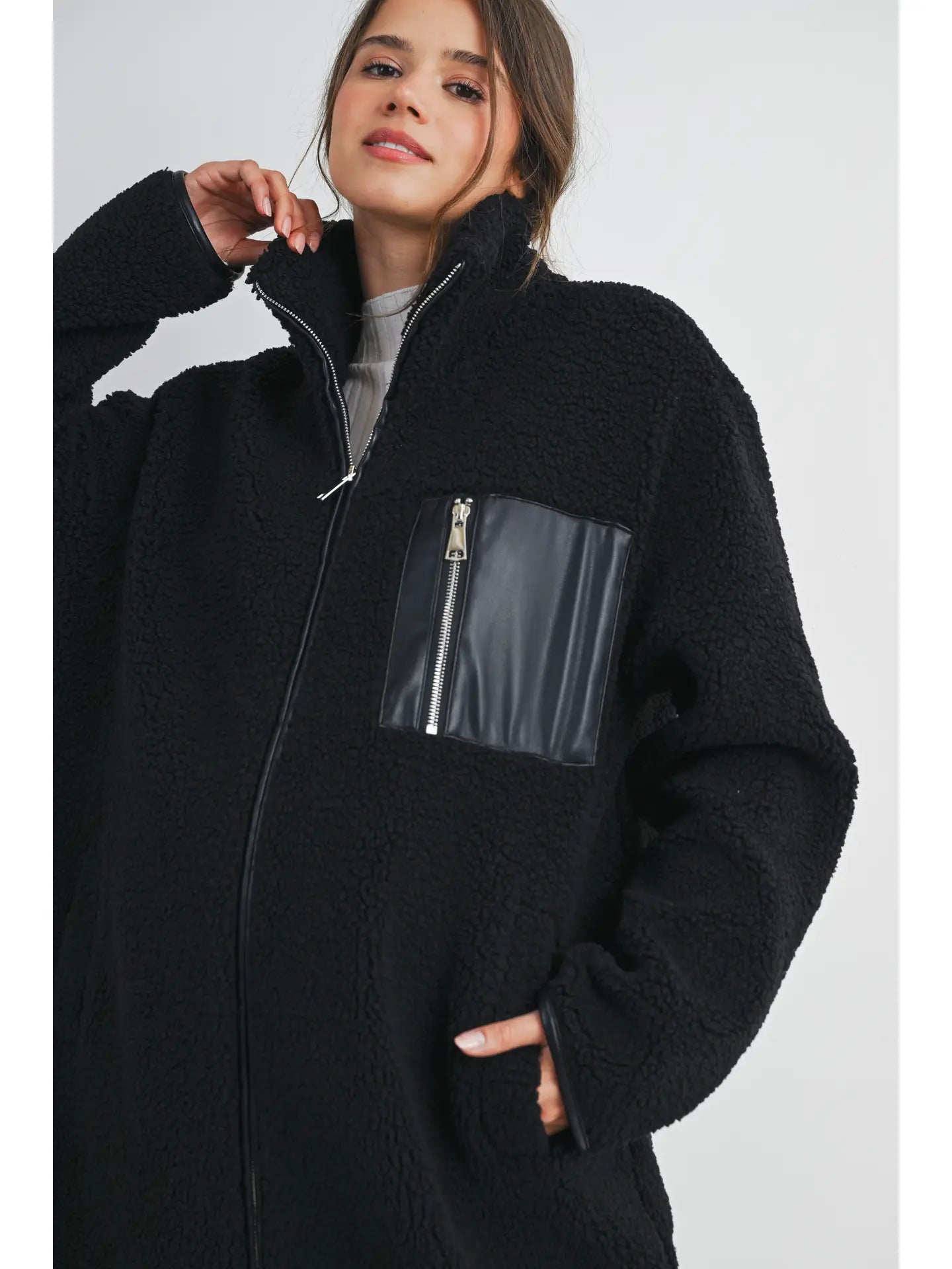 Hello Miz Teddy Fleece Zip-up Maternity Long Coat