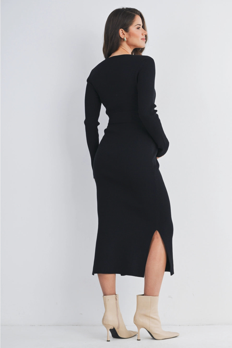 Hello Miz Ribbed Button Front Belted Maternity Midi Dress