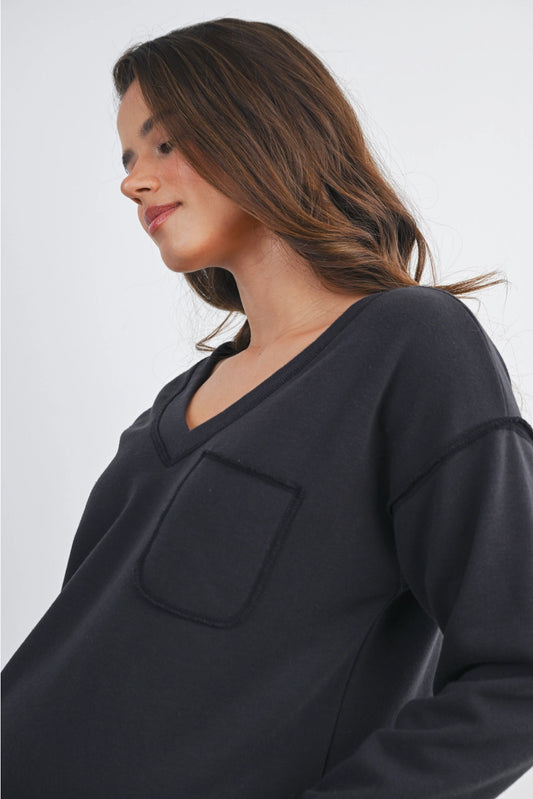 Hello Miz Terry V Neck Long Sleeve Maternity Pullover Top