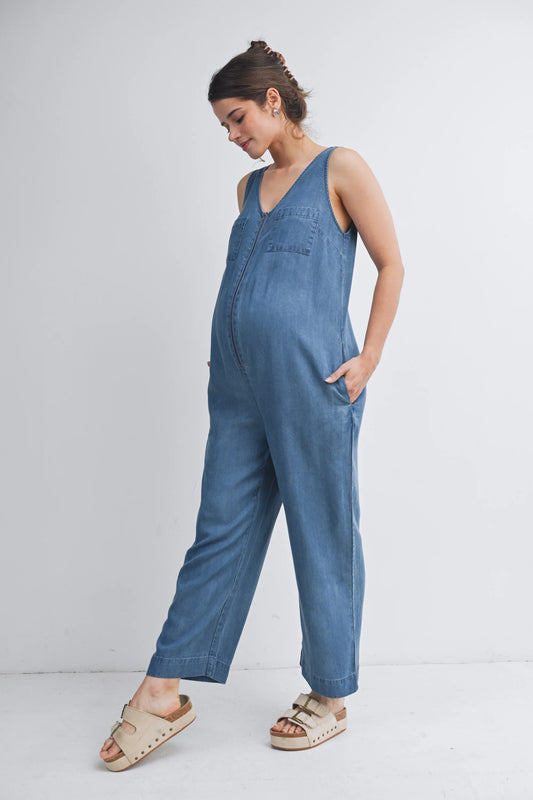 Hello Miz Sleeveless Maternity Denim Jumpsuit with Pockets