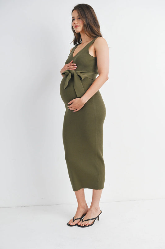 Hello Miz Sleeveless Ribbed Maternity Belted Midi Dress in Olive