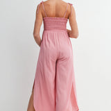 Smocked Maternity Wide Leg Jumpsuit with Adjustable Strap