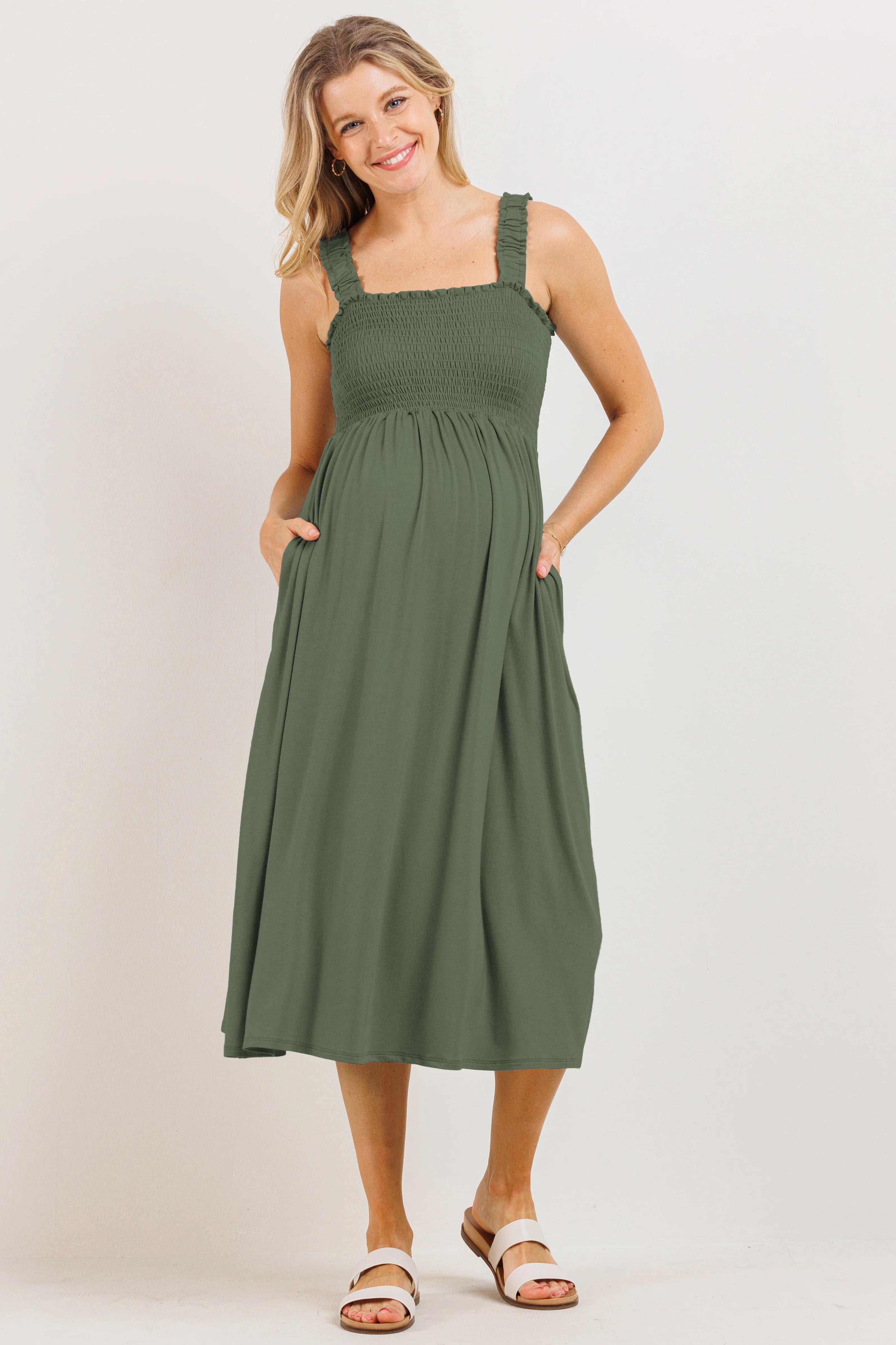 Smocked Sleeveless Maternity Midi Dress