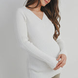 V Neck Ribbed Long Sleeve Maternity Knit Sweater