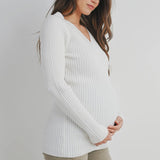 V Neck Ribbed Long Sleeve Maternity Knit Sweater