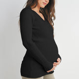 V Neck Ribbed Long Sleeve Maternity Knit Sweater