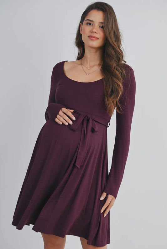 Hello Miz Scoop Neck LS Maternity Tie Waist Dress
