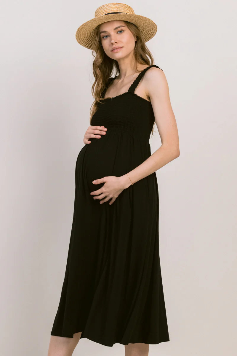 Smocked Sleeveless Maternity Midi Dress Baby & Me Maternity Smocked Sleeveless Maternity Midi Dress Baby & Me Maternity