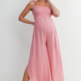 Smocked Maternity Wide Leg Jumpsuit with Adjustable Strap