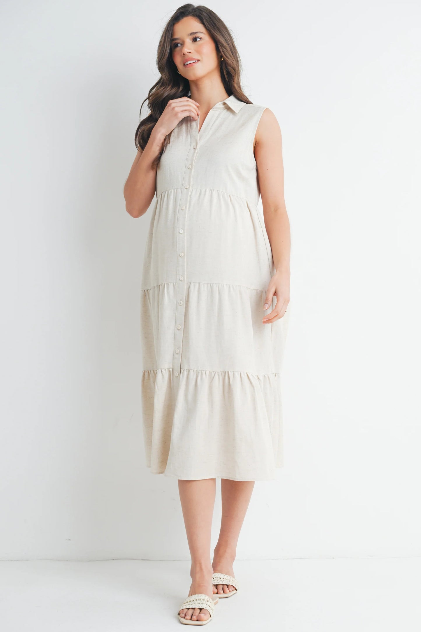 Hello Miz Tiered Maternity Sleeveless Midi Dress