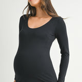 Solid Fitted Scoop Neck Long Sleeve Maternity Top