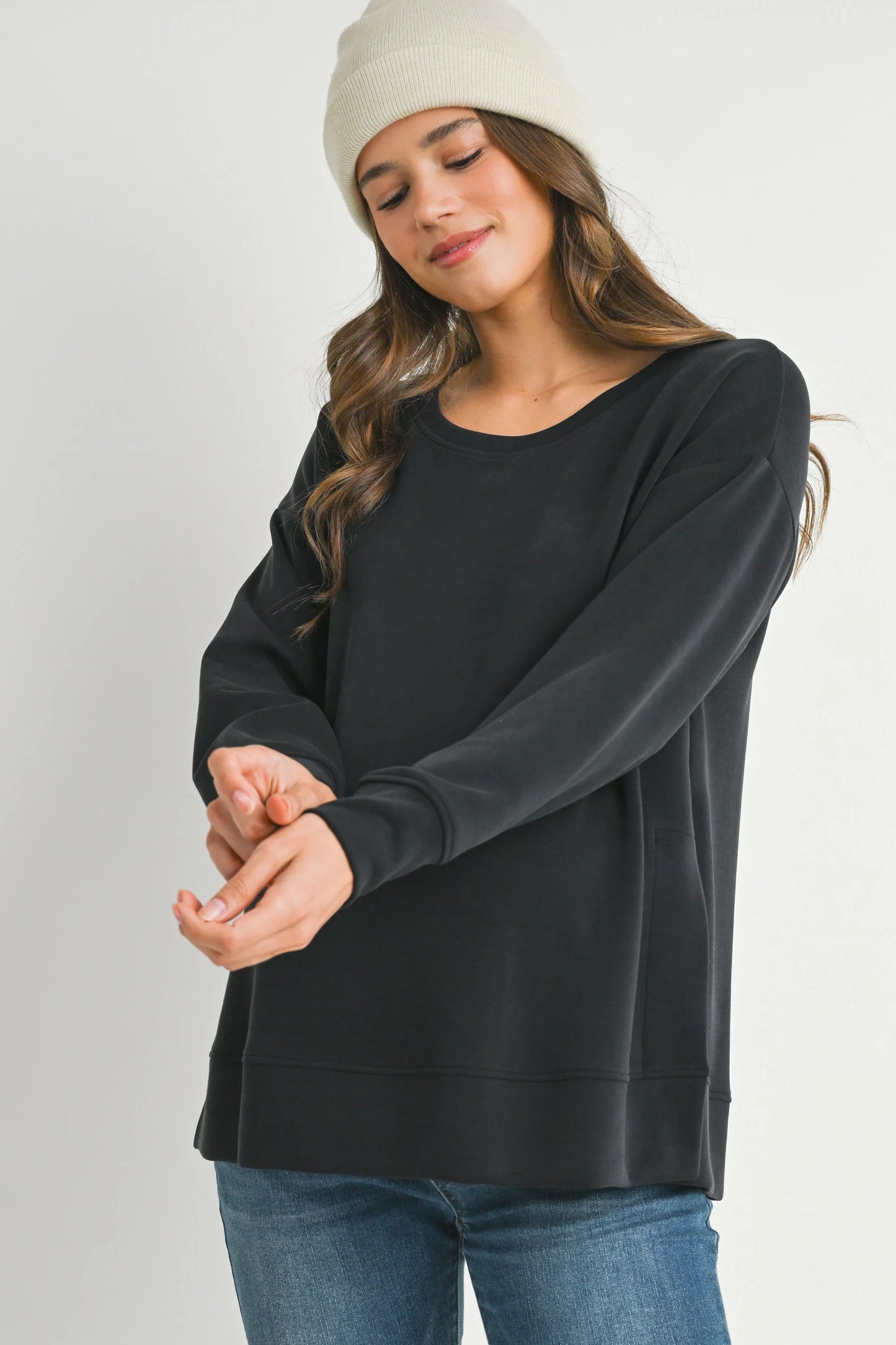 Hello Miz Pullover Side Slit Maternity Knit Sweatshirt