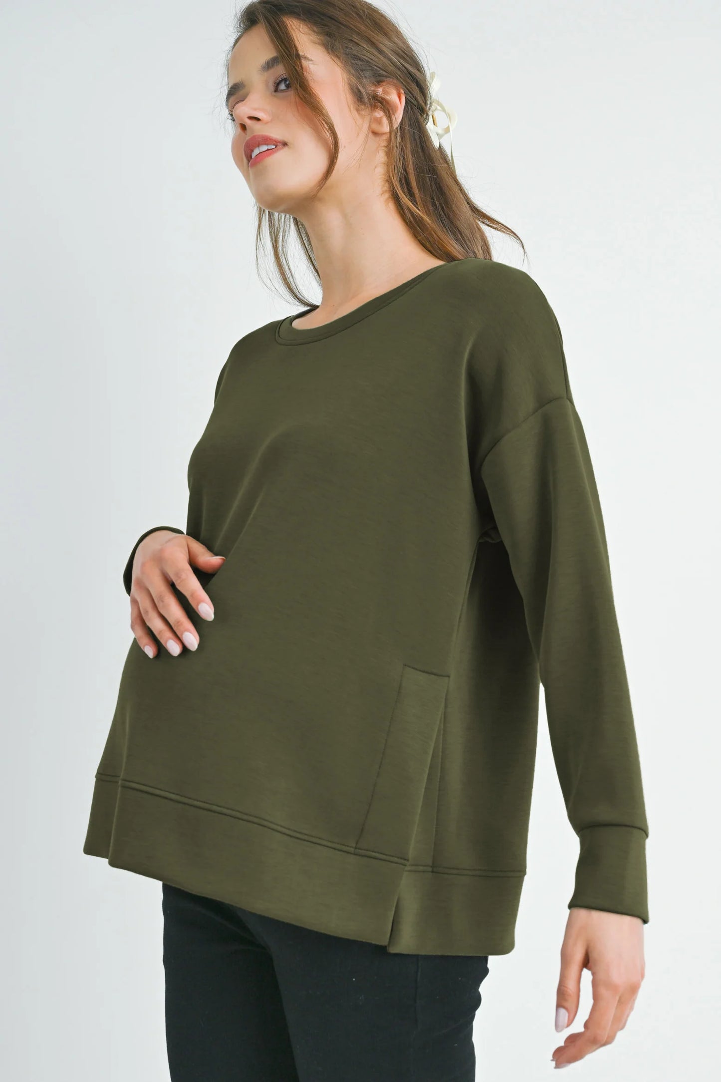Hello Miz Pullover Side Slit Maternity Knit Sweatshirt