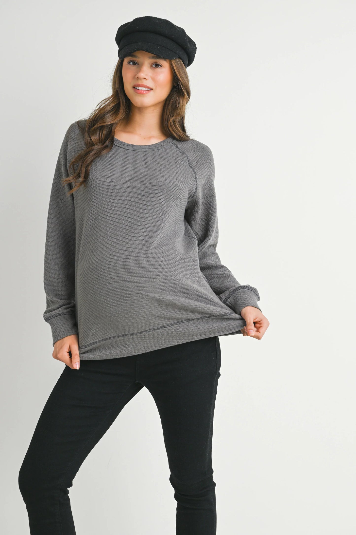 Hello Miz Crewneck Waffle Knit LS Maternity Top