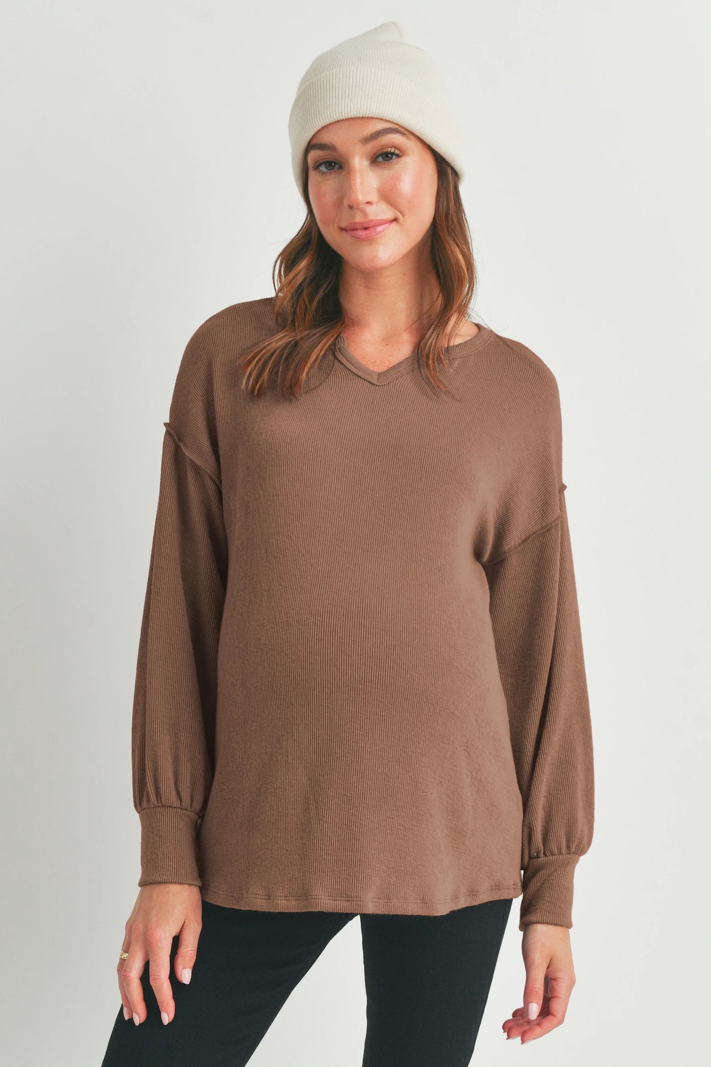 Hello Miz Rib Knit Split Neck Maternity Top