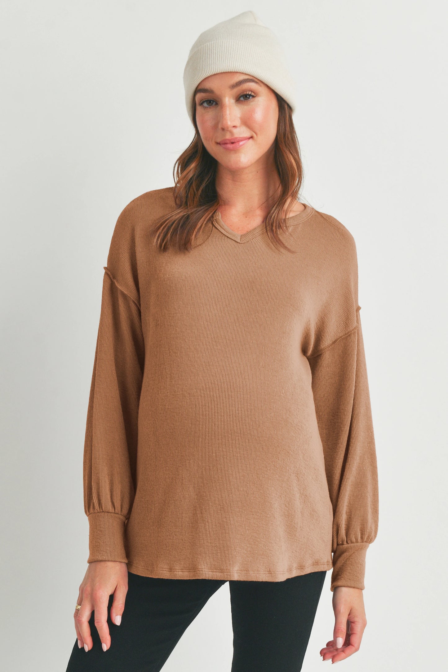 Hello Miz Rib Knit Split Neck Maternity Top