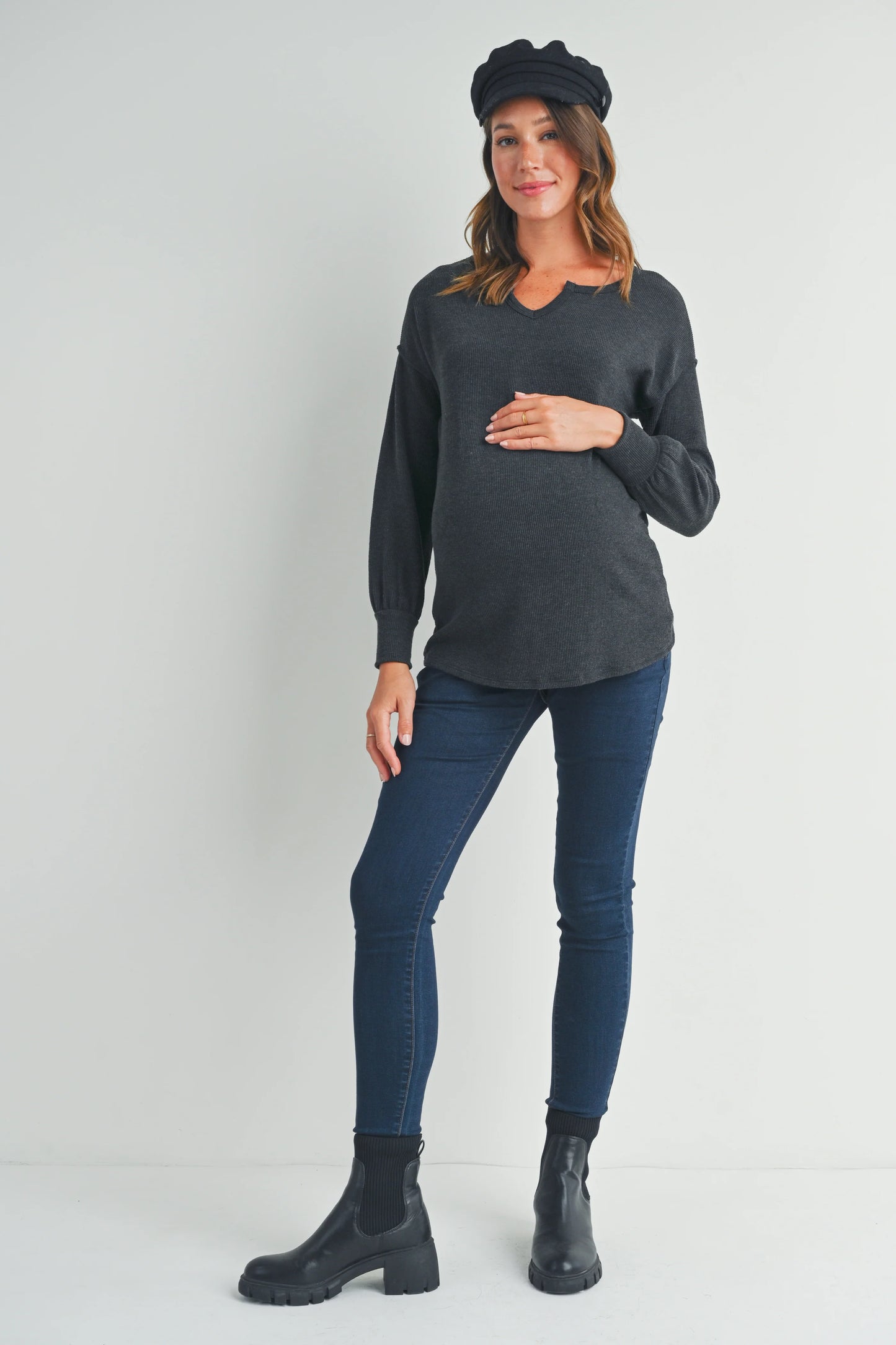 Hello Miz Rib Knit Split Neck Maternity Top