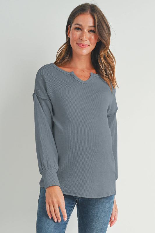 Hello Miz Rib Knit Split Neck Maternity Top