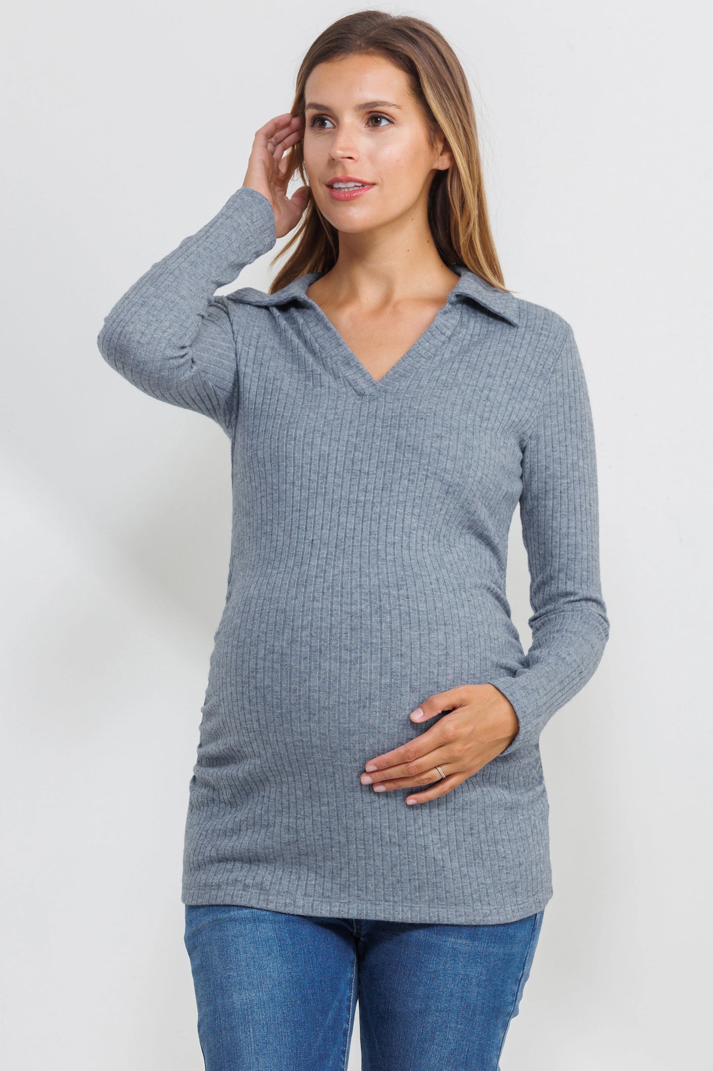 Hello Miz Collared Ribbed Maternity LS Top