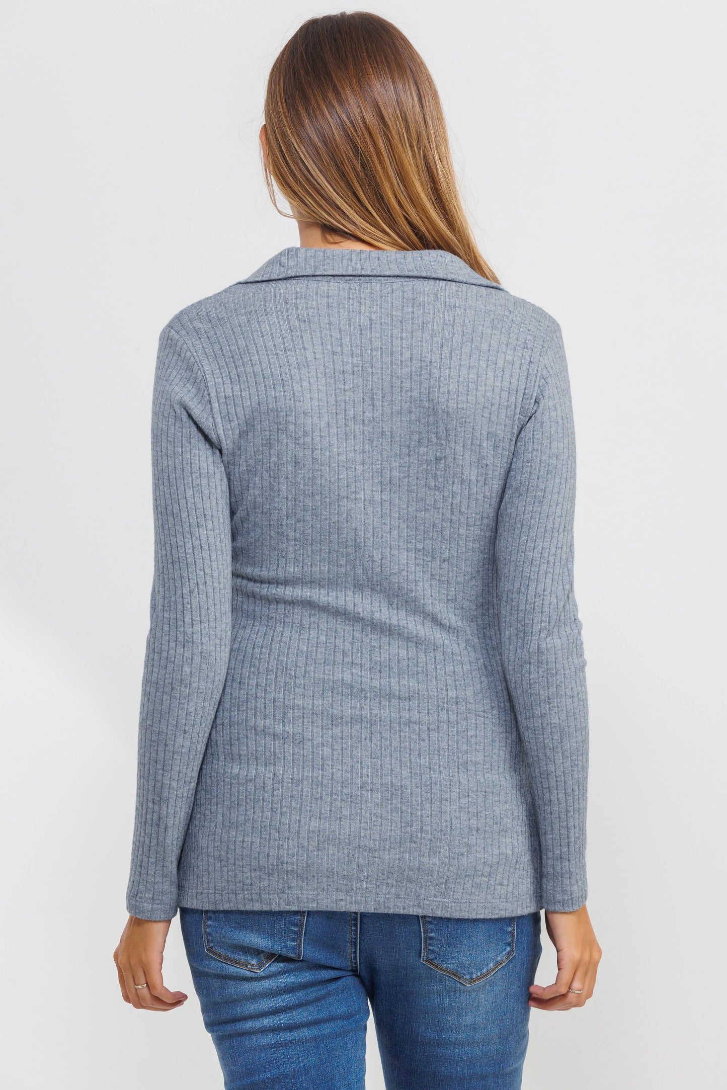 Hello Miz Collared Ribbed Maternity LS Top