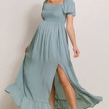 Swiss Dot Smocked Short Sleeve Square Neck Maxi Dress in Sage