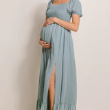 Swiss Dot Smocked Short Sleeve Square Neck Maxi Dress in Sage