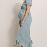 Swiss Dot Smocked Short Sleeve Square Neck Maxi Dress in Sage