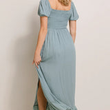 Swiss Dot Smocked Short Sleeve Square Neck Maxi Dress in Sage