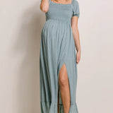 Swiss Dot Smocked Short Sleeve Square Neck Maxi Dress in Sage