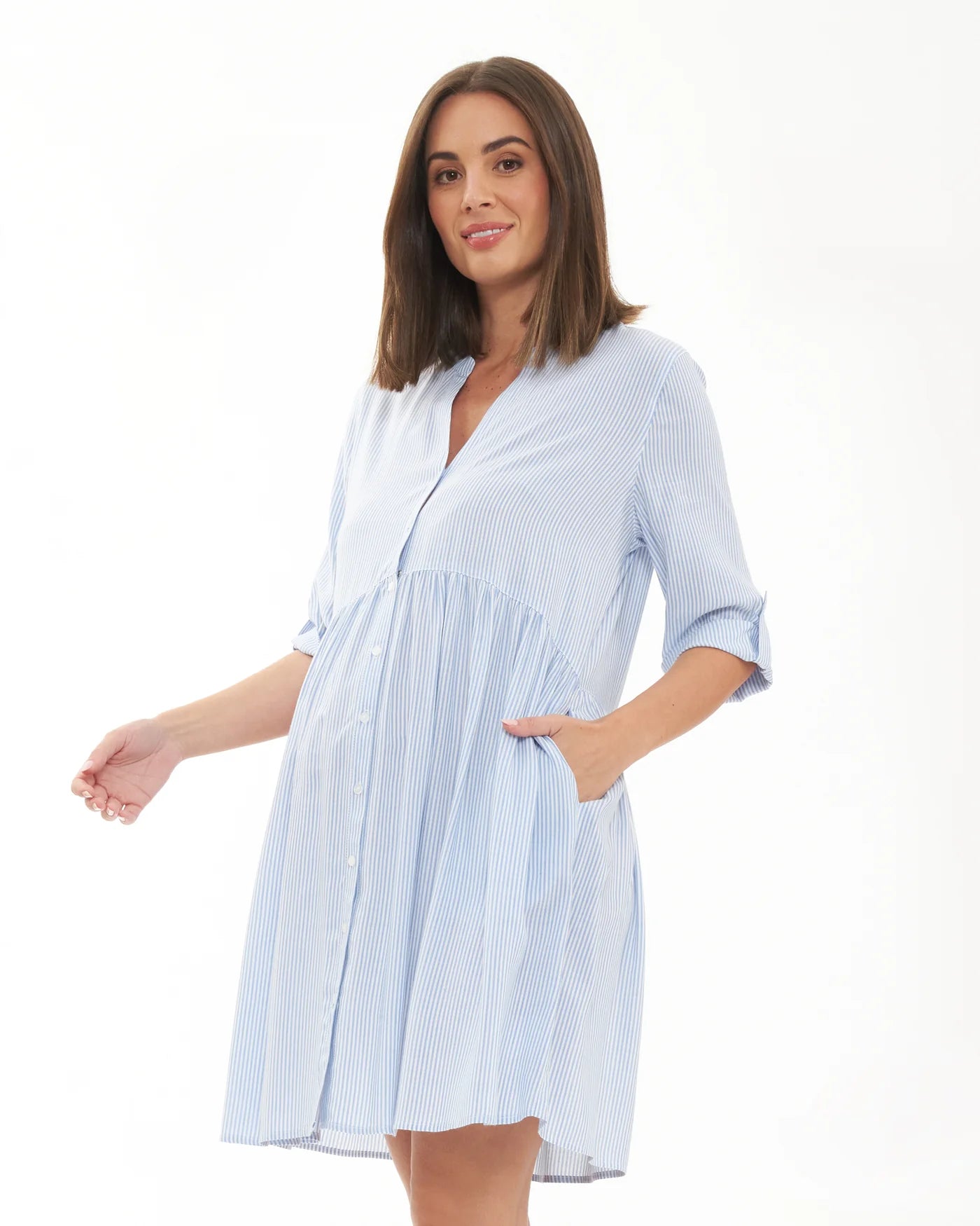 Ripe Sam Stripe Dress in Sky Blue/White