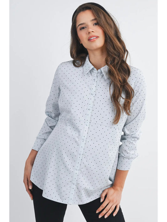 Hello Miz Polka Dot Button Down LS Maternity Top