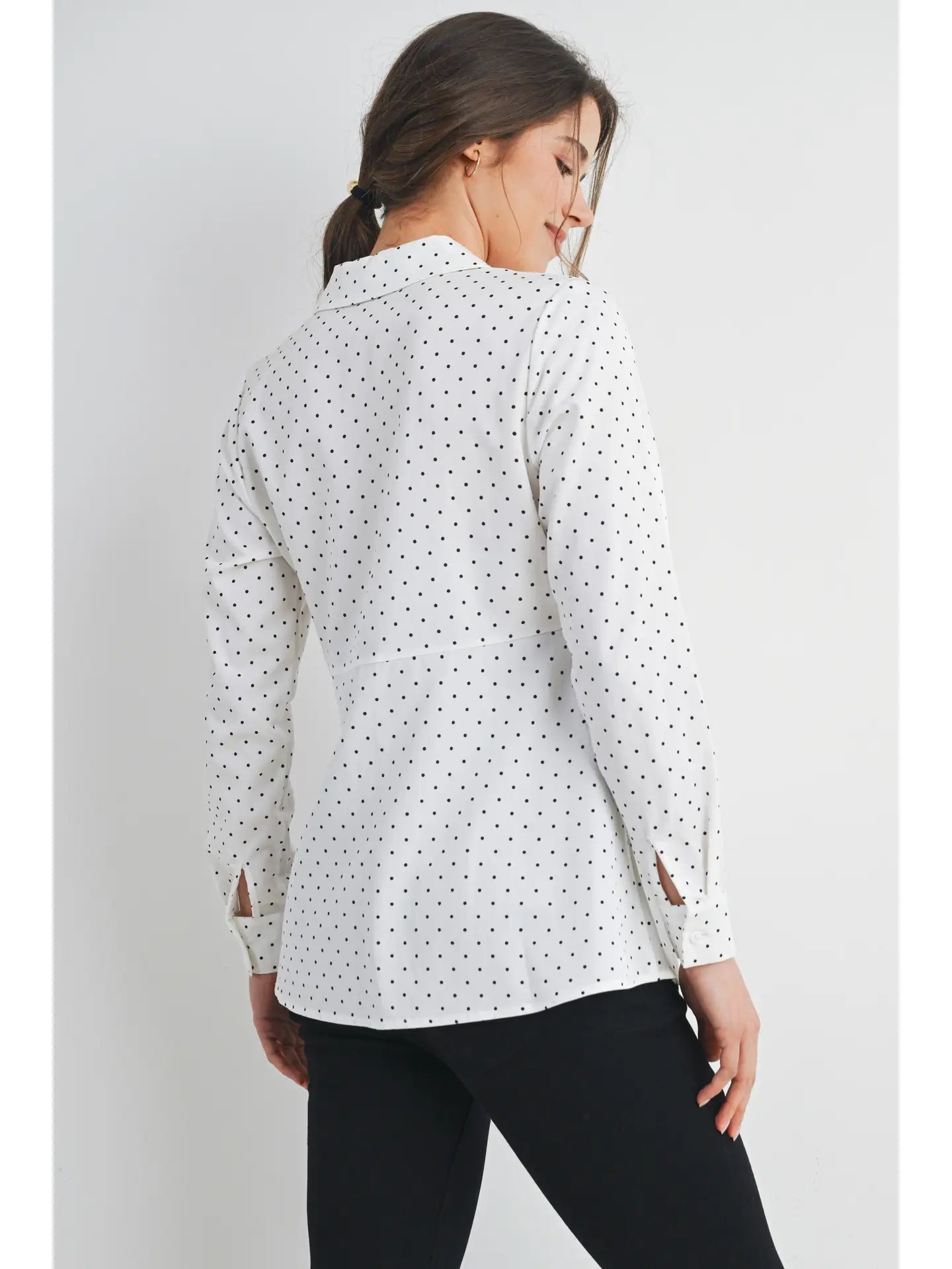 Hello Miz Polka Dot Button Down LS Maternity Top