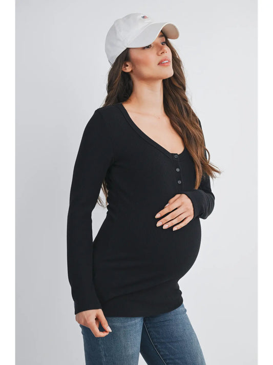 Hello Miz Ribbed LS Maternity Henley Top