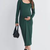 Ribbed Scoop Neck Long Sleeve Bodycon Maternity Midi Dress