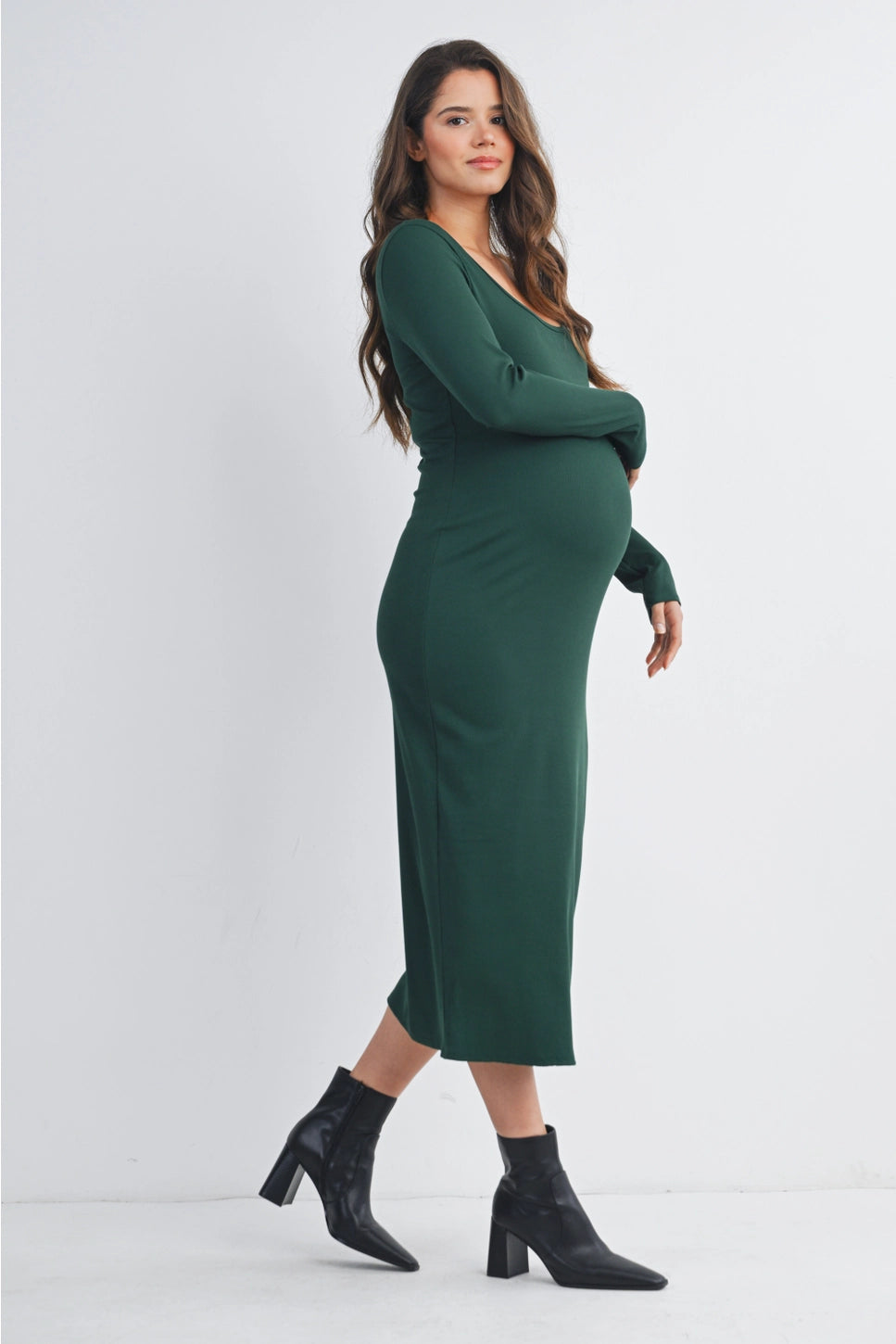 Hello Miz Ribbed Scoop Neck Long Sleeve Bodycon Maternity Midi Dress