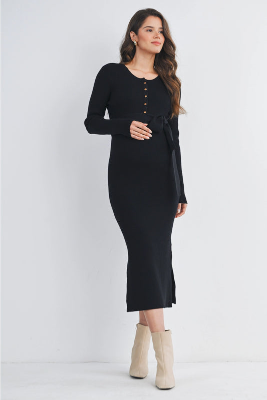Hello Miz Ribbed Button Front Belted Maternity Midi Dress