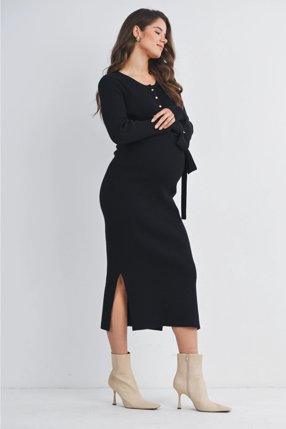 Hello Miz Ribbed Button Front Belted Maternity Midi Dress