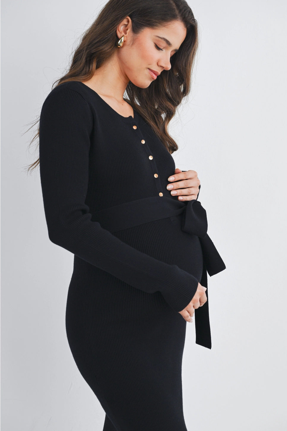Hello Miz Ribbed Button Front Belted Maternity Midi Dress