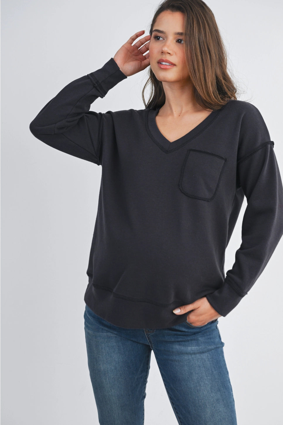 Hello Miz Terry V Neck Long Sleeve Maternity Pullover Top