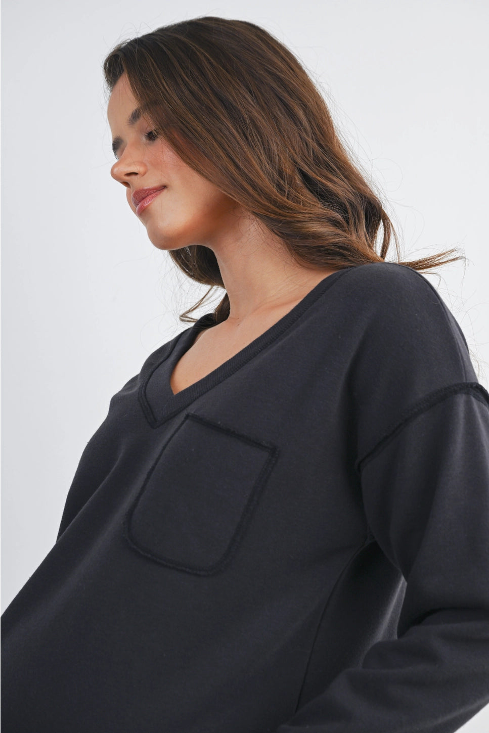 Hello Miz Terry V Neck Long Sleeve Maternity Pullover Top